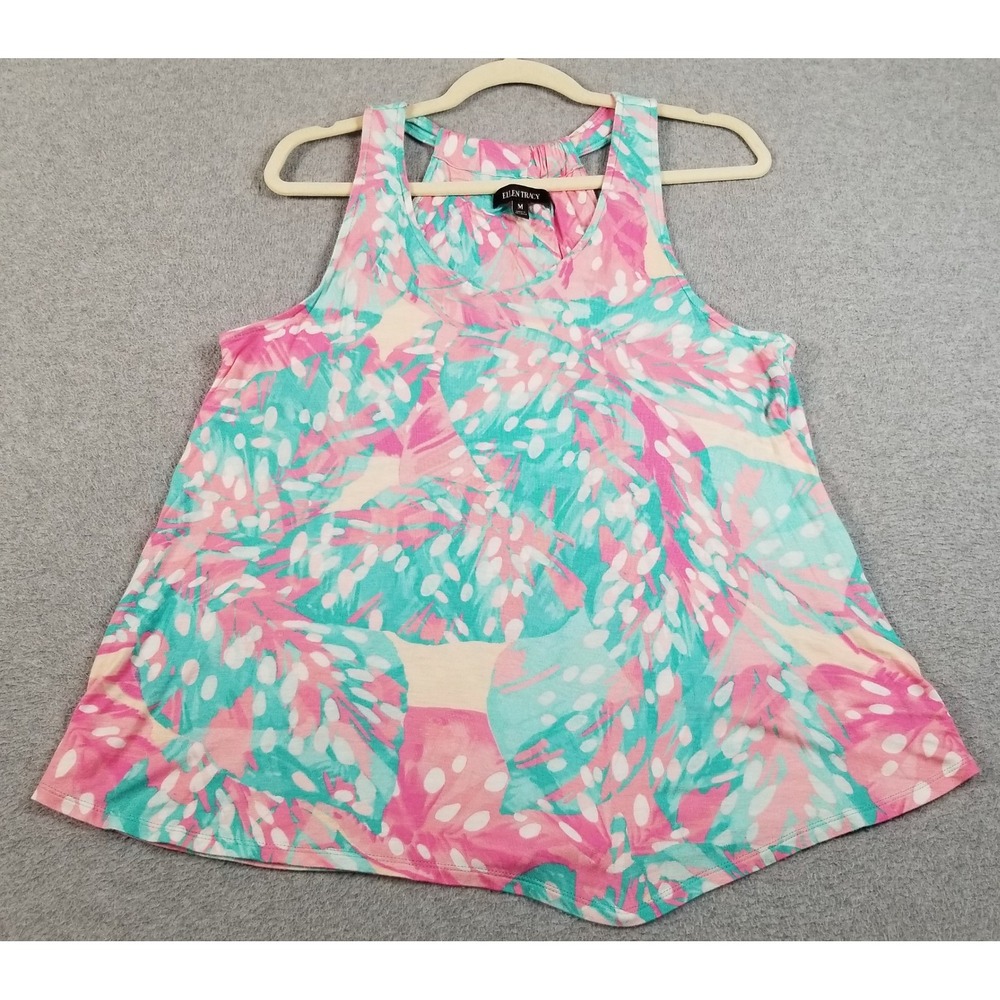 Ellen Tracy Tank Top Women M Medium Pink Blue Tropical Palm Stretch Summer Knit